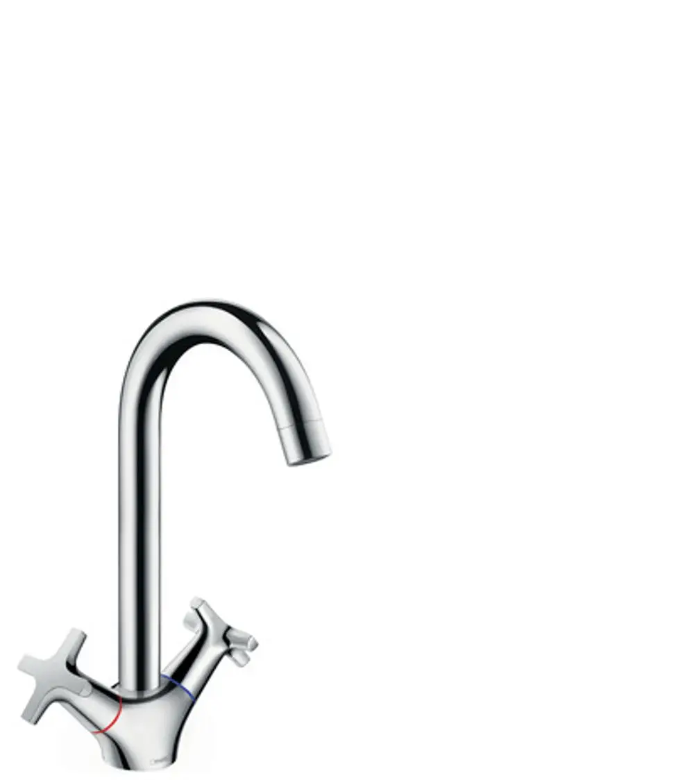 Chromfarbener Wasserhahn von Hansgrohe mit einem geschwungenen Auslauf und zwei Bedienhebeln für warmes und kaltes Wasser.